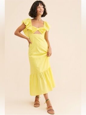 FARM Rio Yellow Cutout Ruffle Midi Dress